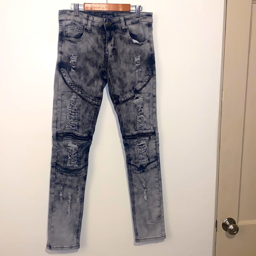 28/30 Mens Black Premium Black/Gray Marble-Wash Zipper Stretchy Skinny Jeans